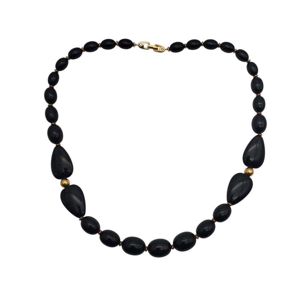 Napier Black & Gold Beaded Necklace Acrylic Graduated‎ Barrel Beads MCM 1960s - Picture 9 of 10